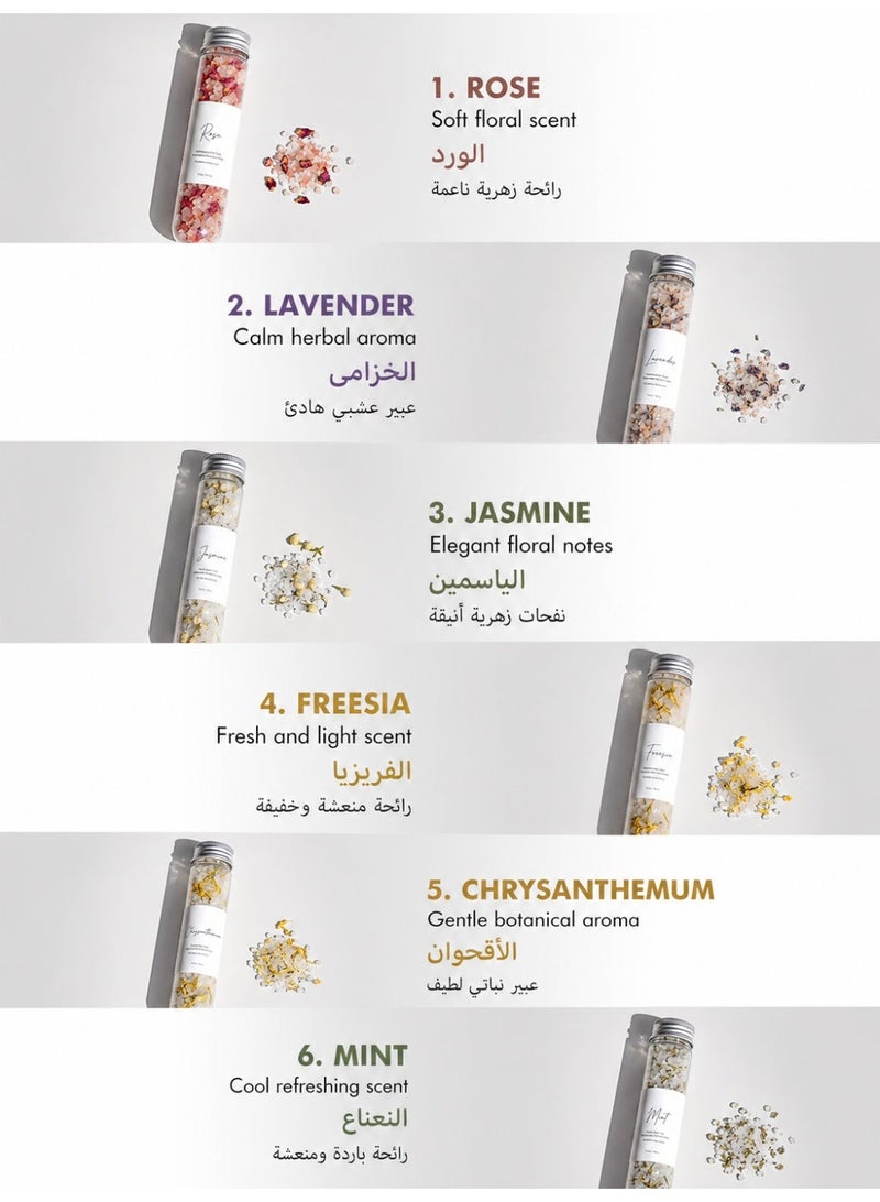 يويهو طقم أملاح استحمام معطرة 6 قطع، أملاح استحمام بروائح زهرية في عبوات أنبوبية، بروائح الورد والخزامى والياسمين والفريزيا والأقحوان والنعناع للسبا المنزلي والعناية بالجسم والهدايا - Image 2