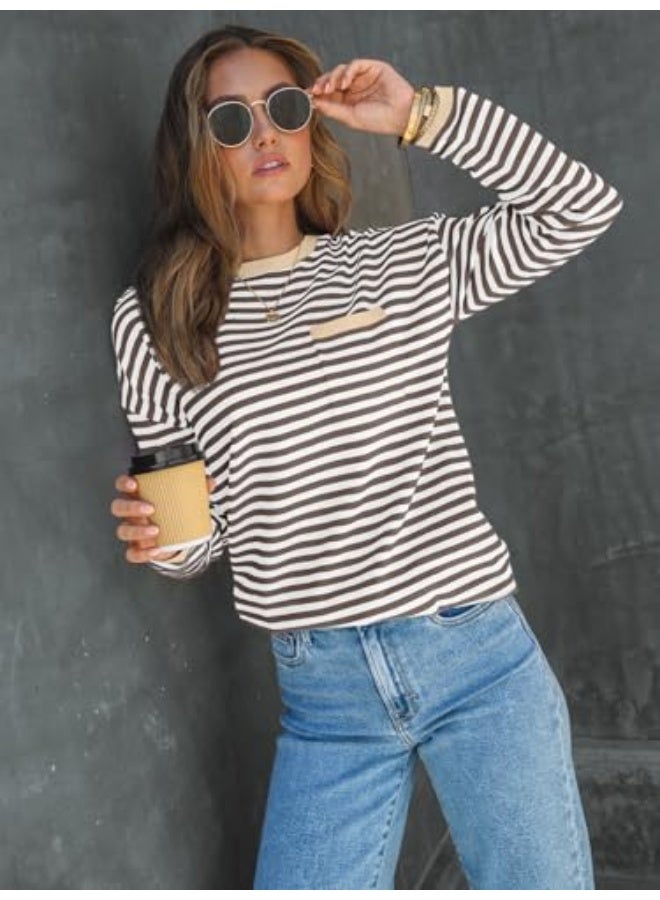 NIBEMINENT Womens Striped Soft Knit Pullover Sweater Loose Fit Shirts with Chest Pocket - Image 2