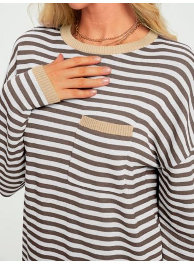 NIBEMINENT Womens Striped Soft Knit Pullover Sweater Loose Fit Shirts with Chest Pocket - Image 5