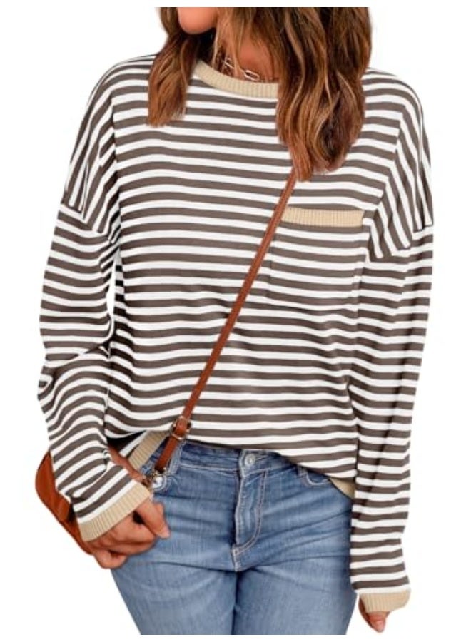 NIBEMINENT Womens Striped Soft Knit Pullover Sweater Loose Fit Shirts with Chest Pocket - Image 1