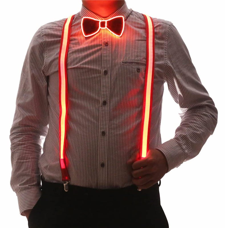 Brejkdo 2 PcsSet Light Up Mens LED Suspenders And Bow Tie Perfect for Music Festival Halloween Costume Party Red - Image 2