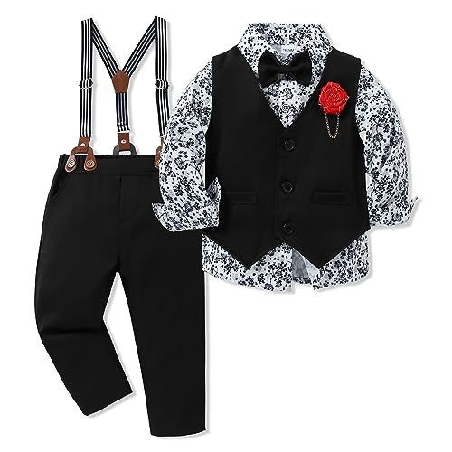 WESIDOM Toddler Dresses Suit Baby Boy Clothes Set Bowtie Shirts+Pants+Vest+Boutonniere Kids Gentleman Wedding Outfit(Black+5-6T) - Image 1