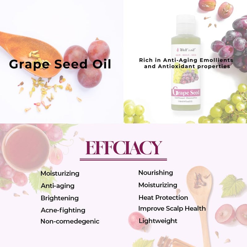 Well's Oil GRAPESEED OIL | 4oz (118ml) | All-Natural | For Hair, Skin & Nails | Moisturizer for Sensitive Skin Types | Refined, Cold Pressed | by Well's Oil - Image 2
