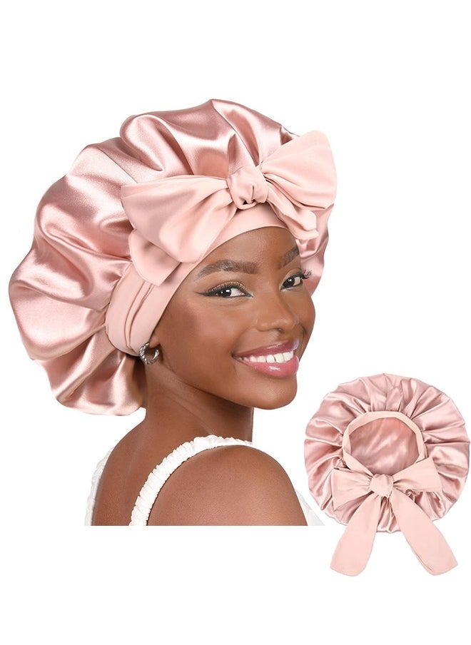 HY Double Layer Satin Bonnet Silk Bonnet, Curly Hair Hair Silk Hair Wrap for Sleeping Night Sleep Cap, Satin Silk Bonnet Lined Hair Bonne Tie Band Bonnets (Pale Pink)  - Image 1