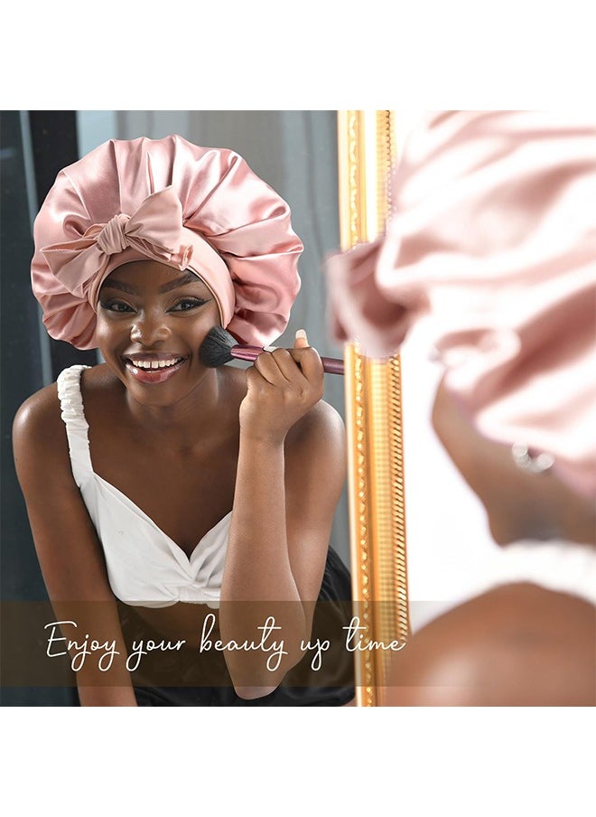 HY Double Layer Satin Bonnet Silk Bonnet, Curly Hair Hair Silk Hair Wrap for Sleeping Night Sleep Cap, Satin Silk Bonnet Lined Hair Bonne Tie Band Bonnets (Pale Pink)  - Image 4