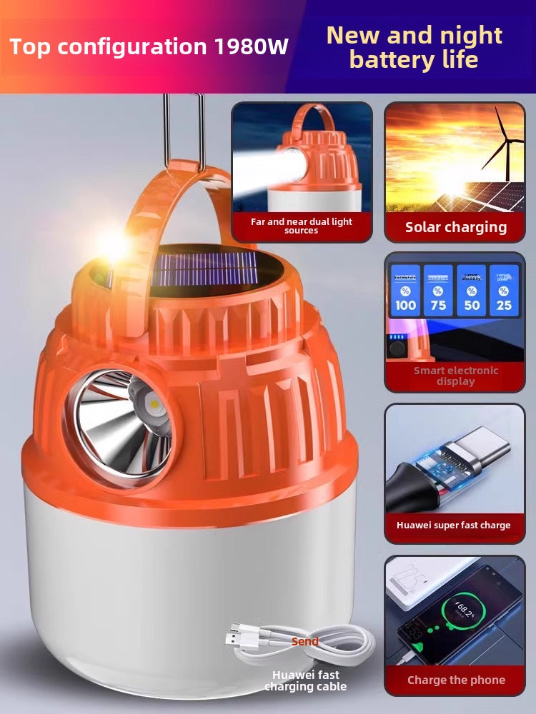 Camping light led rechargeable outdoor lighting super bright camping camp tent stall super long endurance home emergency hanging light(Top with 1980W battery life 600 hours Solar Energy + power bank function + power display) - Image 1