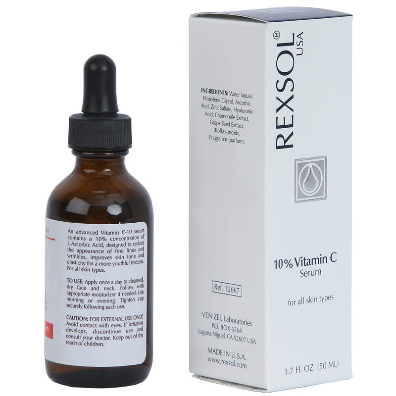 REXSOL 10% Vitamin C Serum Anti-wrinkle Firming | With Hyaluronic Acid, Chamomile Extract & Grape Seed Extract | Prevent photo-aging | Provides antioxidant protection. (50 ml / 1.7 fl oz) - Image 4