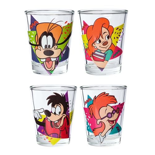 Silver Buffalo Disney A Goofy Movie Featuring Goofy Max Goof Roxanne and Bobby Zimuruski 4 Pack Mini Glass Set 15 ounces - Image 1