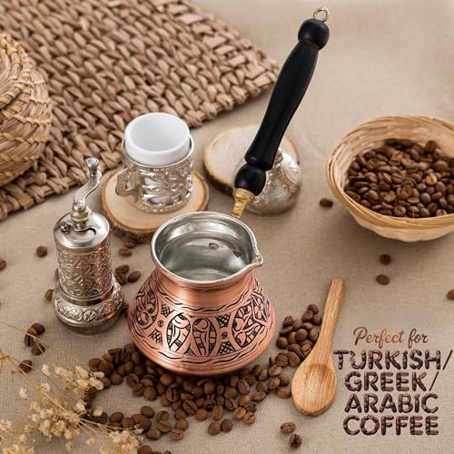 Erbulus 12 Oz Copper Turkish Greek Arabic Coffee Pot with Fortune App and Wooden Handle (4 cups), Cezve, Ibrik, Briki Greek Coffee Pot, Hammered Turkish Coffee Maker - Image 4