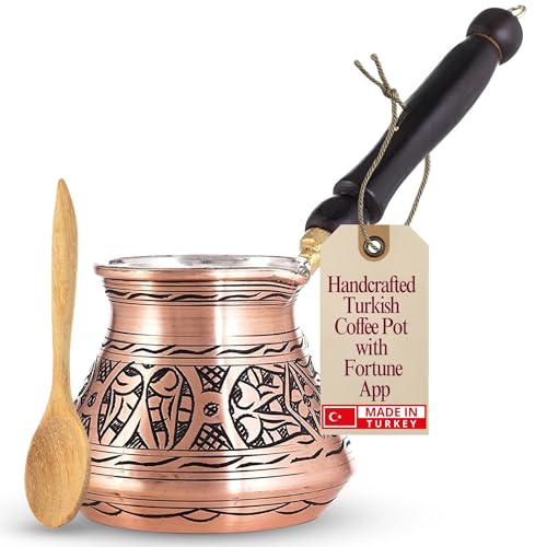 Erbulus 12 Oz Copper Turkish Greek Arabic Coffee Pot with Fortune App and Wooden Handle (4 cups), Cezve, Ibrik, Briki Greek Coffee Pot, Hammered Turkish Coffee Maker - Image 1