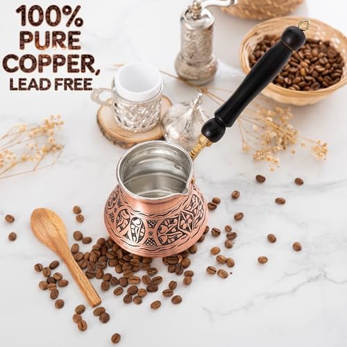 Erbulus 12 Oz Copper Turkish Greek Arabic Coffee Pot with Fortune App and Wooden Handle (4 cups), Cezve, Ibrik, Briki Greek Coffee Pot, Hammered Turkish Coffee Maker - Image 5