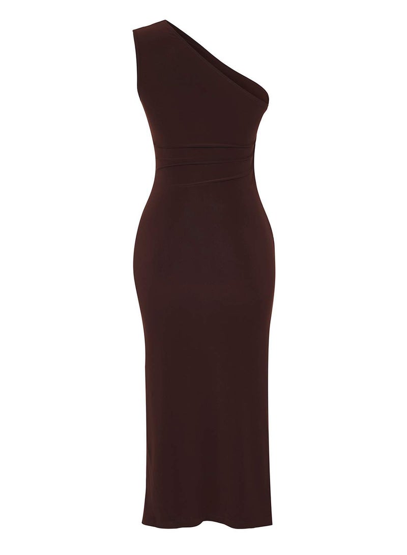 trendyol Brown One Shoulder Draped Fitted/Slim Fit Stretchy Knitted Midi Pencil Dress Twoss24El00100 - Image 5