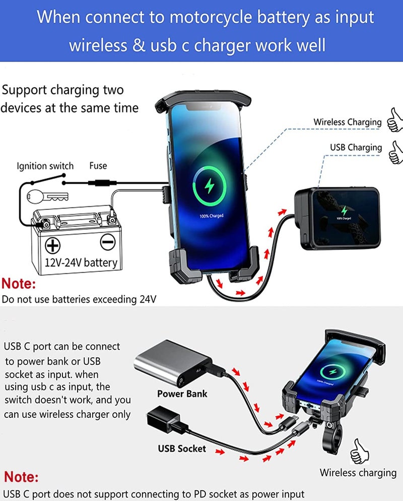 KEWIG Motorcycle Phone Mount Qi 15W Wireless & USB C 20W Fast Chargeing Port, Automatically Lock & Quick Release Handlebar Cell Phone Holder for 4-7'' Phones - Image 2