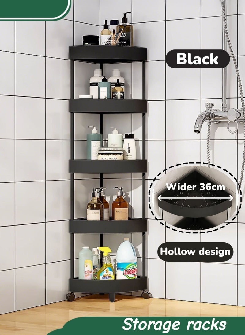 5-Layer Storage Rack,Plastic Storage Rack,Basket Storage Organizer Trolley With Wheels,Multifunctional Storage And Organization Cart,Triangle Corner Shelf Rack Rolling Trolley,For Kitchen,Office,Bedroom, Bathing(Black) - Image 1
