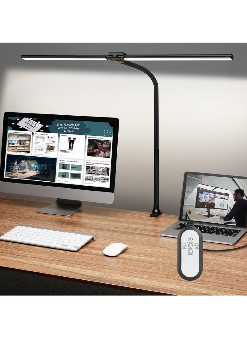 Smart Double Head LED Desk Lamp with Remote Control for Home Office,  Desk Light with Clamp, 10/45 Minutes Timer, 5 Lighting Modes, Sensitive Control, Stepless Dimming Adjustable Flexible Gooseneck, for Reading, Study, Workbench
