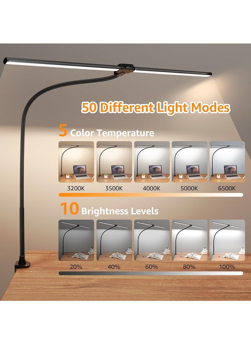 Smart Double Head LED Desk Lamp with Remote Control for Home Office,  Desk Light with Clamp, 10/45 Minutes Timer, 5 Lighting Modes, Sensitive Control, Stepless Dimming Adjustable Flexible Gooseneck, for Reading, Study, Workbench