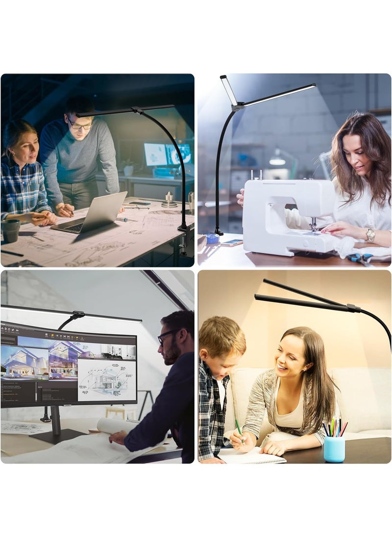 Smart Double Head LED Desk Lamp with Remote Control for Home Office,  Desk Light with Clamp, 10/45 Minutes Timer, 5 Lighting Modes, Sensitive Control, Stepless Dimming Adjustable Flexible Gooseneck, for Reading, Study, Workbench