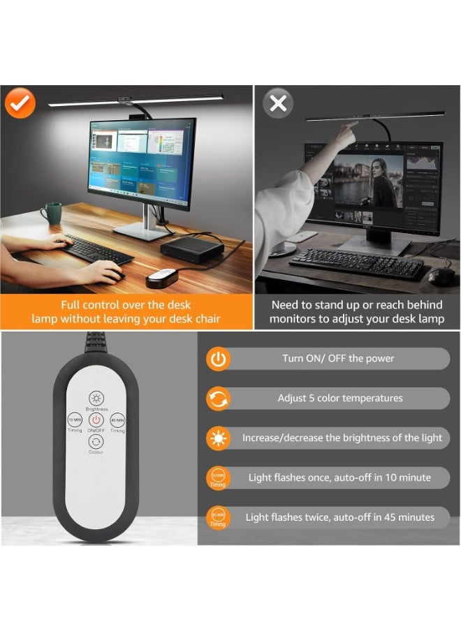 Smart Double Head LED Desk Lamp with Remote Control for Home Office,  Desk Light with Clamp, 10/45 Minutes Timer, 5 Lighting Modes, Sensitive Control, Stepless Dimming Adjustable Flexible Gooseneck, for Reading, Study, Workbench
