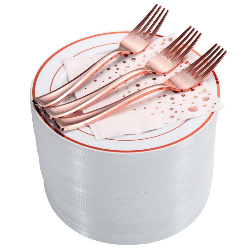 Stylish Rose Gold Dessert Plates Forks and Cocktail Napkins 100 Set 75 Inch Appetizer Plates or Salad Plates Wedding Cake Plates Disposable Plates for Wedding with Rose Gold Napkins