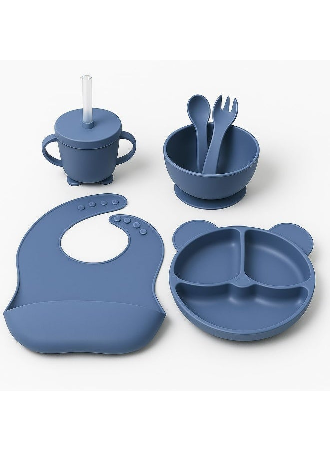 مجموعة ادوات تغذية الاطفال من السيليكون، لوازم الفطام، تتضمن اكواب شفط واطباق مقسمة ومريلة قابلة للتعديل وادوات اطفال وملاعق وشوك وكوب - Image 2
