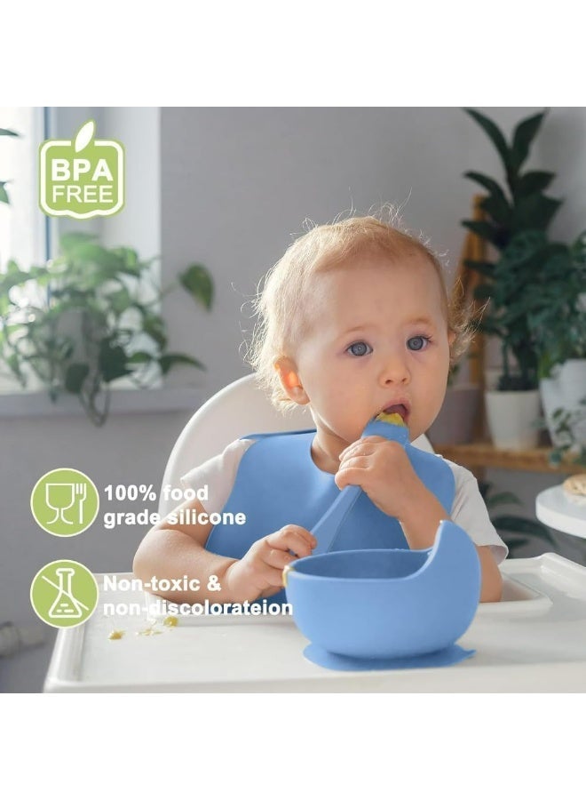 مجموعة ادوات تغذية الاطفال من السيليكون، لوازم الفطام، تتضمن اكواب شفط واطباق مقسمة ومريلة قابلة للتعديل وادوات اطفال وملاعق وشوك وكوب - Image 3