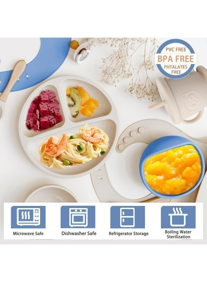 مجموعة ادوات تغذية الاطفال من السيليكون، لوازم الفطام، تتضمن اكواب شفط واطباق مقسمة ومريلة قابلة للتعديل وادوات اطفال وملاعق وشوك وكوب - Image 4