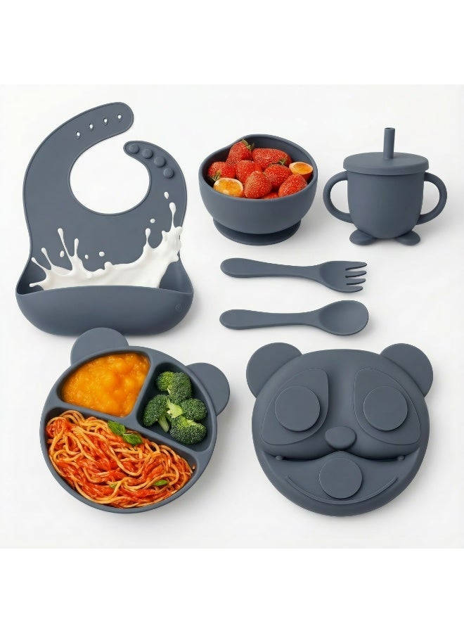 مجموعة ادوات تغذية الاطفال من السيليكون، لوازم الفطام، تتضمن اكواب شفط واطباق مقسمة ومريلة قابلة للتعديل وادوات اطفال وملاعق وشوك وكوب - Image 1