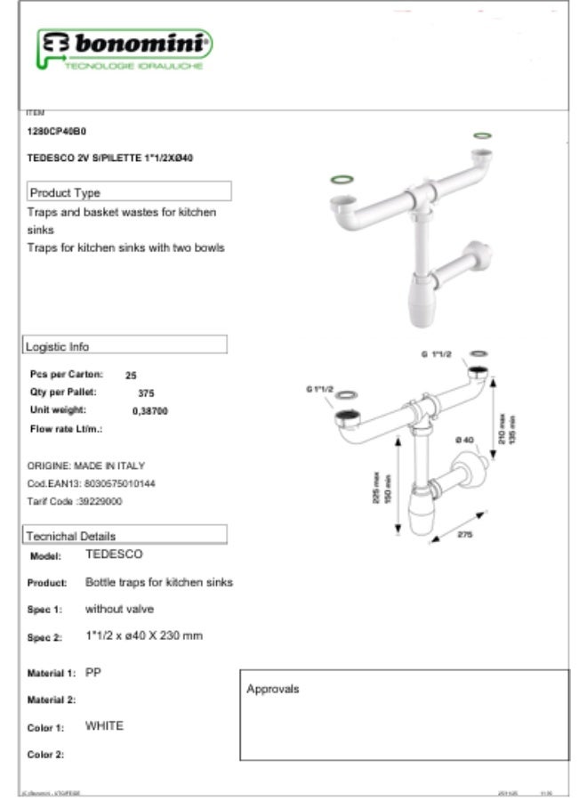 BONOMINI DOUBLE BOTTLE TRAP 1 1/2" | WITHOUT WASTE - Image 2