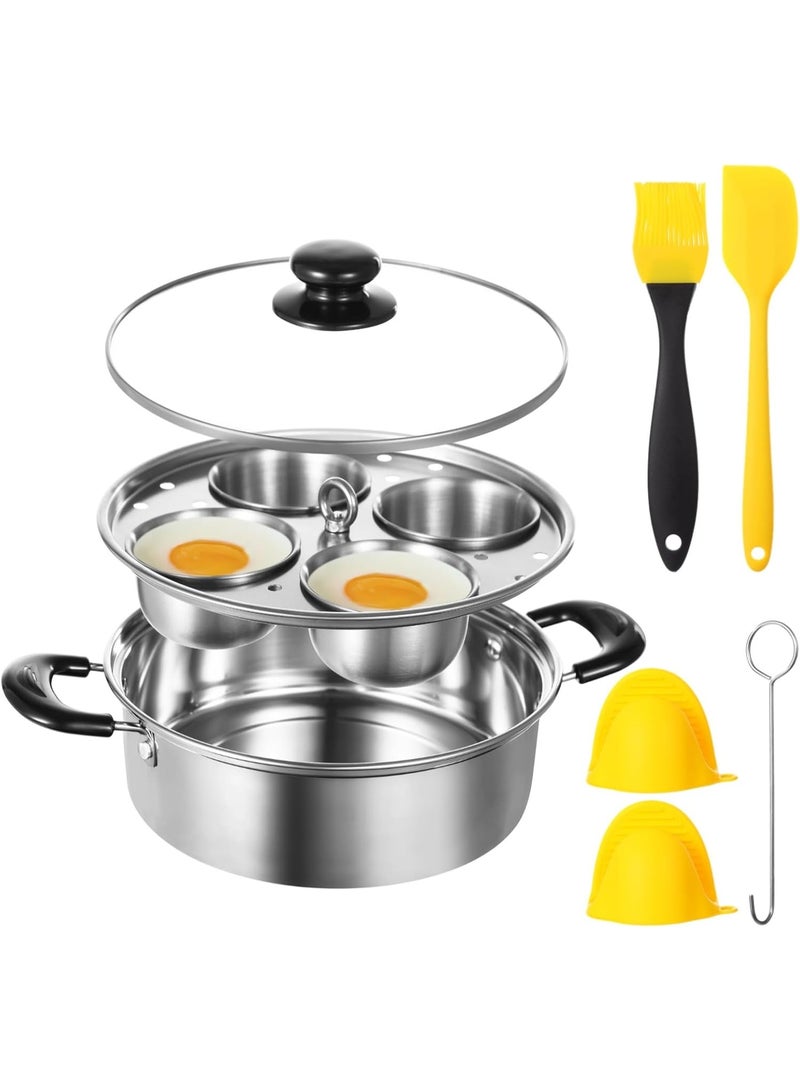 Bukela Egg Poacher Pan Nonstick 4 Eggs, Poached Egg Cooker, Poached Egg Pan, Stainless Steel Egg Poacher, Includes Stainless Steel Pot, 4 Cups, Silicone Brush & Spatula, Suitable for Multiple Stove Types (without coating) - Image 1