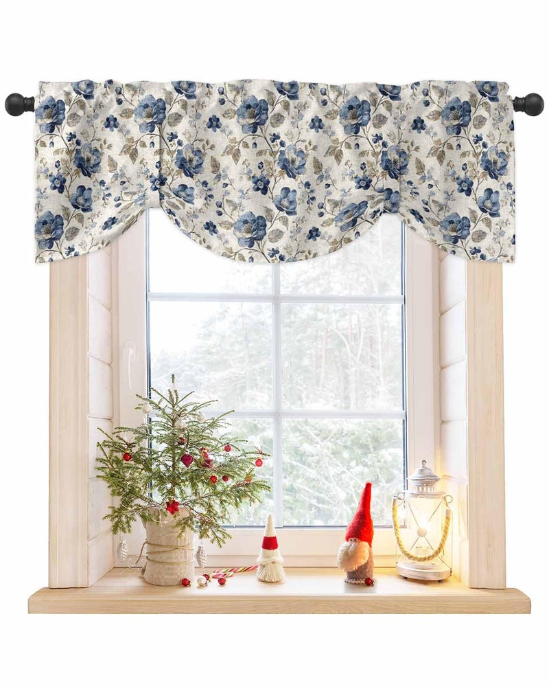 AMZRicher Blue Gray Spring Floral Tie Up Valance for Window Vintage Botanical Adjustable Balloon Window Shade Valance Curtain for Kitchen Cafe Bathroom Window Treatment Panel 54x18 - Image 2