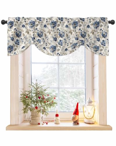 AMZRicher Blue Gray Spring Floral Tie Up Valance for Window Vintage Botanical Adjustable Balloon Window Shade Valance Curtain for Kitchen Cafe Bathroom Window Treatment Panel 54x18 - Image 1
