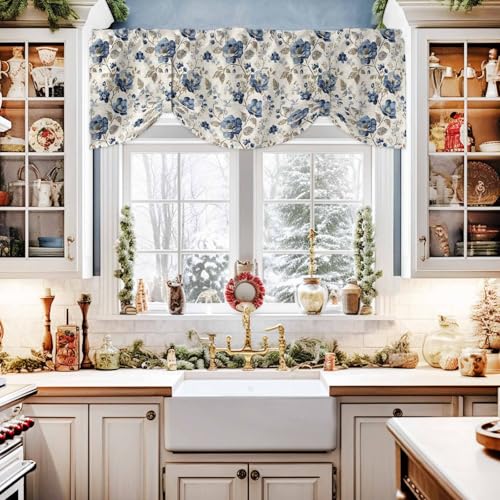 AMZRicher Blue Gray Spring Floral Tie Up Valance for Window Vintage Botanical Adjustable Balloon Window Shade Valance Curtain for Kitchen Cafe Bathroom Window Treatment Panel 54x18 - Image 3