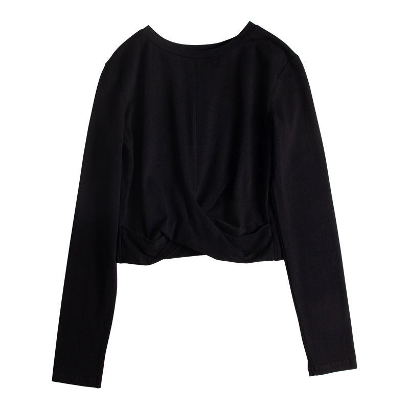 South Koreas new hem pleated navel round neck long sleeve stitching white high waist base shirt a generation of 246 Black 