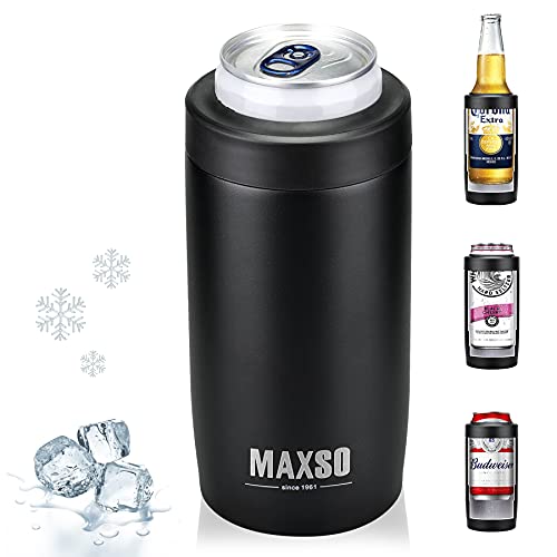 Maxso Slim Can Cooler, 4-in-1 Double Walled Stainless Steel Insulated Beer Can Holder, Works With All 12 Oz Cans,Bottles & As A Pint Cups - Matte Black - Image 1