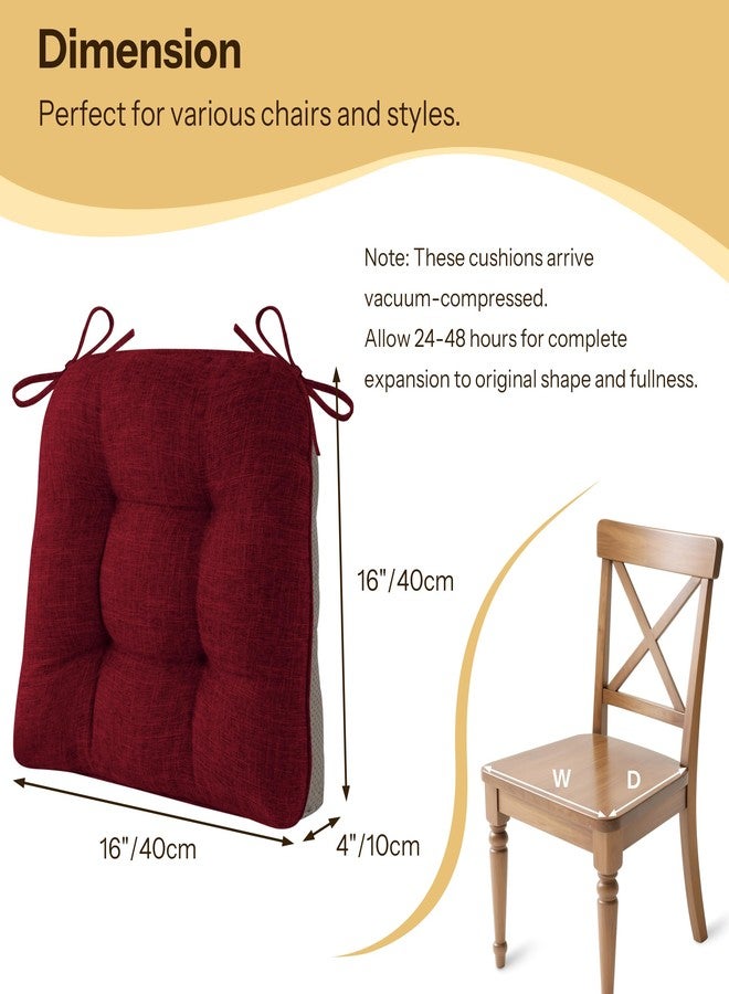 FlyGulls Non-Slip Chair Cushions for Dining Chairs Set of 4 Thick Kitchen Chair Pads Dining Room Seat Cushion with Ties 16" x 16" x 4" Red - Image 2