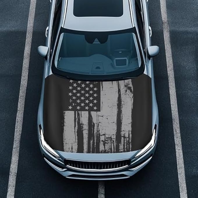 rayihni أغطية هود سيارات سوداء، غطاء هود سيارة بعلم، غطاء هود سيارة من البوليستر المرن لحماية هود السيارة بعلم أمريكي أسود وأبيض للسيارة - Image 2