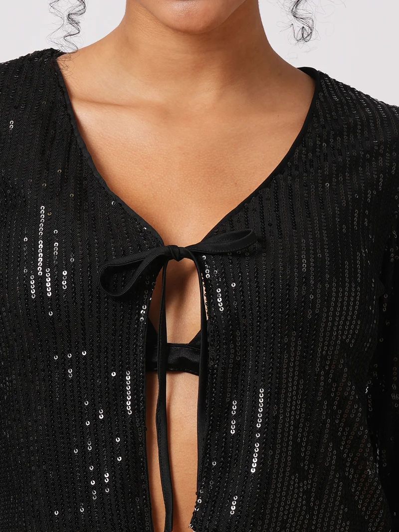 globus Women Party Embellished Tie-Up Crop Shrug