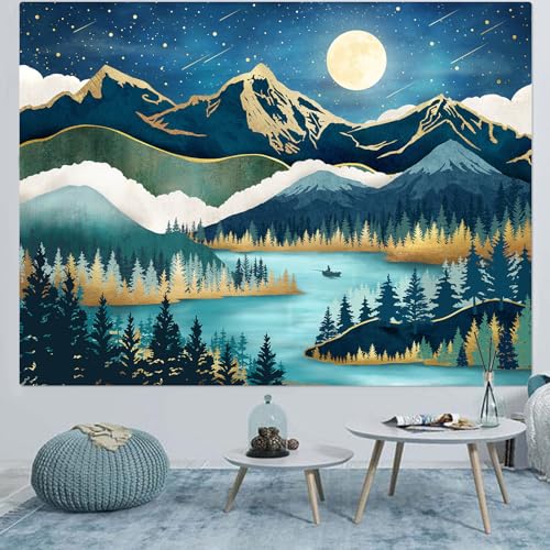 Accnicc Mountain Tapestry Nature Forest Tree Tapestries for Bedroom Aesthetic Starry Night Moon Stars Tapestrys Wall Hanging Teal Abstract Wall Tapestry for Dorm Living Room (Teal, 48'' × 36'') - Image 1