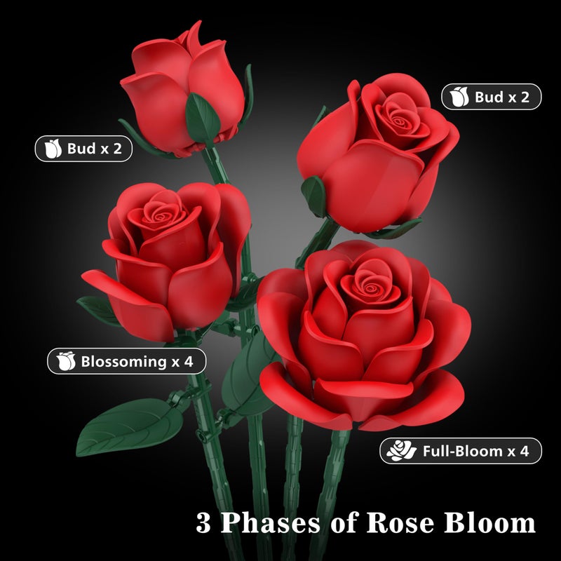 QIFUN Red Roses Flower Bouquet Building Sets, 670Pcs Artificial Flowers Building Blocks Compatible with Lego Flowers Valentines Day Gifts for Her/Mom/Girlfriend/Wife/Couple Romantic Table Home Decor - Image 5