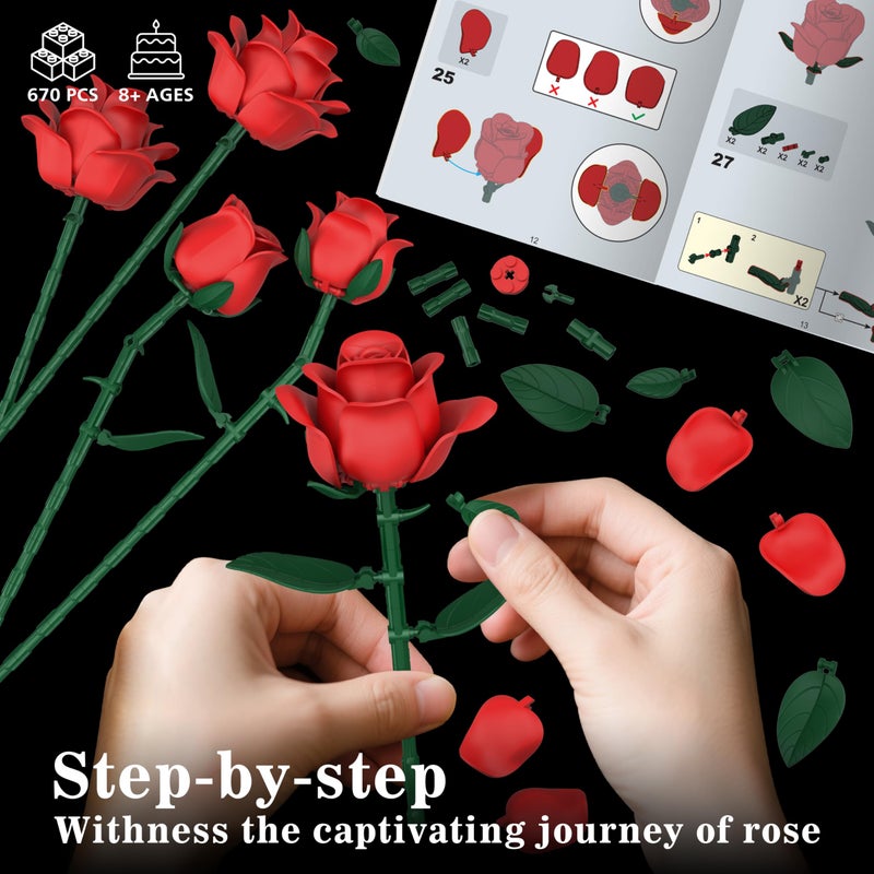 QIFUN Red Roses Flower Bouquet Building Sets, 670Pcs Artificial Flowers Building Blocks Compatible with Lego Flowers Valentines Day Gifts for Her/Mom/Girlfriend/Wife/Couple Romantic Table Home Decor - Image 2