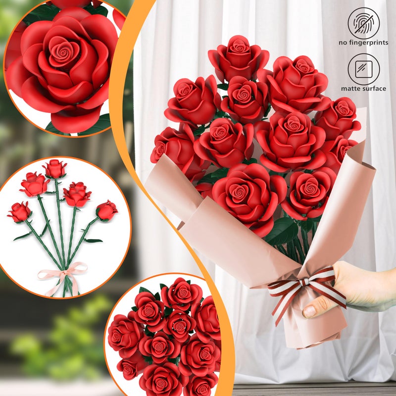 QIFUN Red Roses Flower Bouquet Building Sets, 670Pcs Artificial Flowers Building Blocks Compatible with Lego Flowers Valentines Day Gifts for Her/Mom/Girlfriend/Wife/Couple Romantic Table Home Decor - Image 4