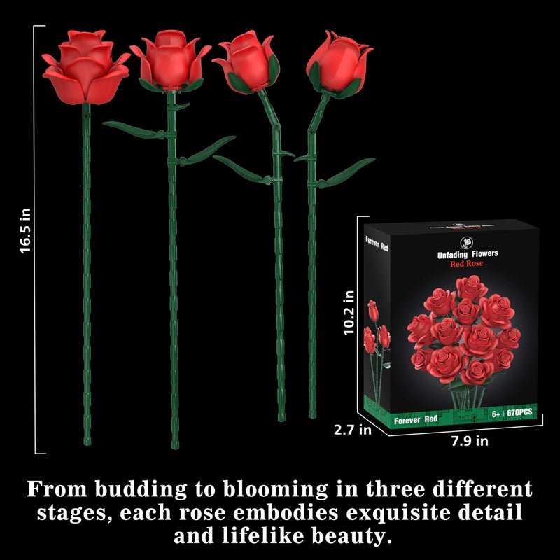 QIFUN Red Roses Flower Bouquet Building Sets, 670Pcs Artificial Flowers Building Blocks Compatible with Lego Flowers Valentines Day Gifts for Her/Mom/Girlfriend/Wife/Couple Romantic Table Home Decor - Image 3