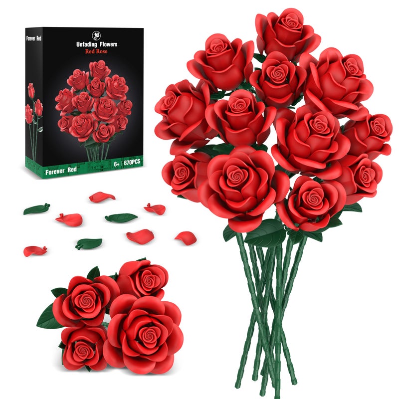 QIFUN Red Roses Flower Bouquet Building Sets, 670Pcs Artificial Flowers Building Blocks Compatible with Lego Flowers Valentines Day Gifts for Her/Mom/Girlfriend/Wife/Couple Romantic Table Home Decor - Image 1