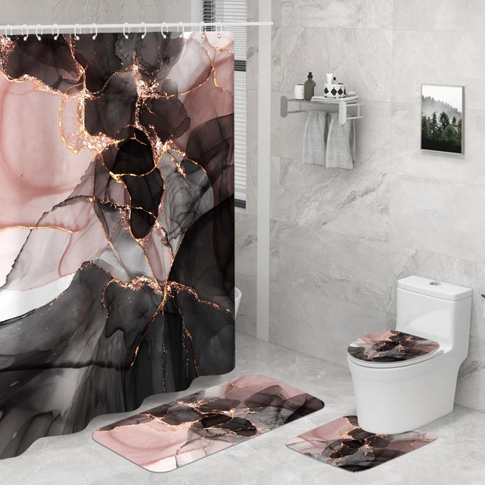 PINK GOLD MARBLE SHOWER CURTAIN SETS 4 PIECE WITH RUGSBLACK PINK GOLD BATHROOM SETS WITH SHOWER CURTAIN AND RUGS AND ACCESSORIES MODERN BATHROOM DECOR WITH BATH MATS AND 12 PLASTIC HOOKS