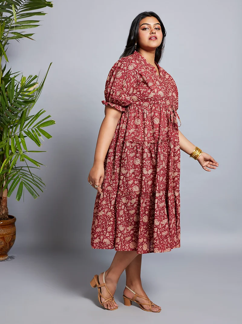 globus Globus Gloplus Women Mandarin Collar Puff Sleeves Floral Print A-Line Midi Plus Size Dress