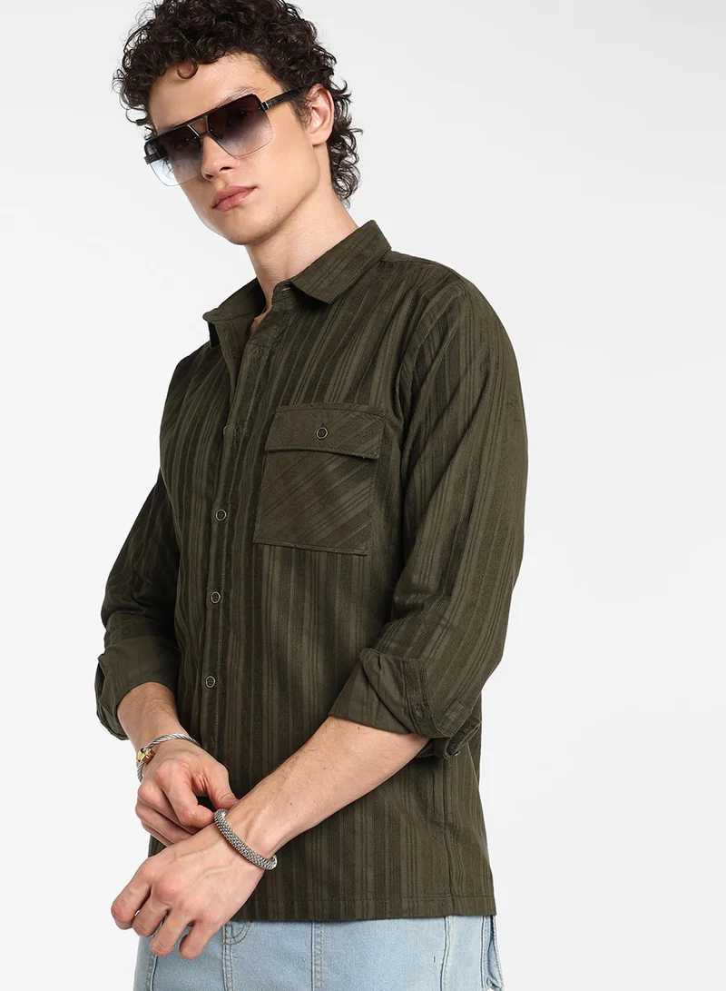 Campus Sutra Men's Fern Green Multitrack-Striped Shirt For Casual Wear | Spread Collar | Long Sleeve | Button Closure | Shirt Crafted With Comfort Fit For Everyday Wear