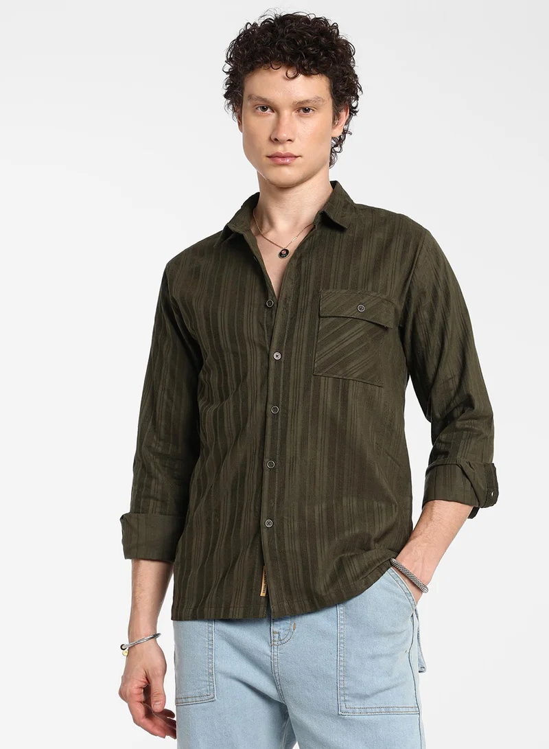 Campus Sutra Men's Fern Green Multitrack-Striped Shirt For Casual Wear | Spread Collar | Long Sleeve | Button Closure | Shirt Crafted With Comfort Fit For Everyday Wear