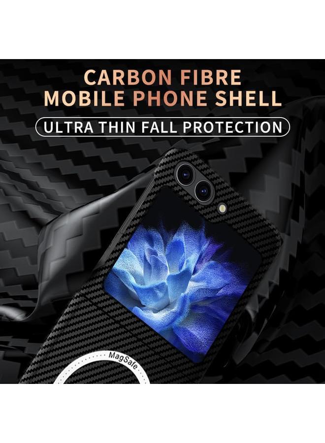 erorex Case For Samsung Galaxy Z Flip 5 Case Compatible With Mag Safe Charger Carbon Fiber Pattern Slim Shockproof Anti Drop Case For Z Flip 5 No Front Screen Protector Flip 5 Black  - Image 3