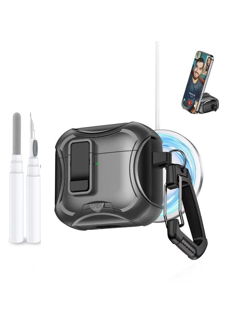 Compatible with AirPods 4nd/4ANC Case with Phone Stand,Full Drop Protection Automatic Snap Switch Design with Cleaner Kit for iPod Pro Charging-Black  - Image 1