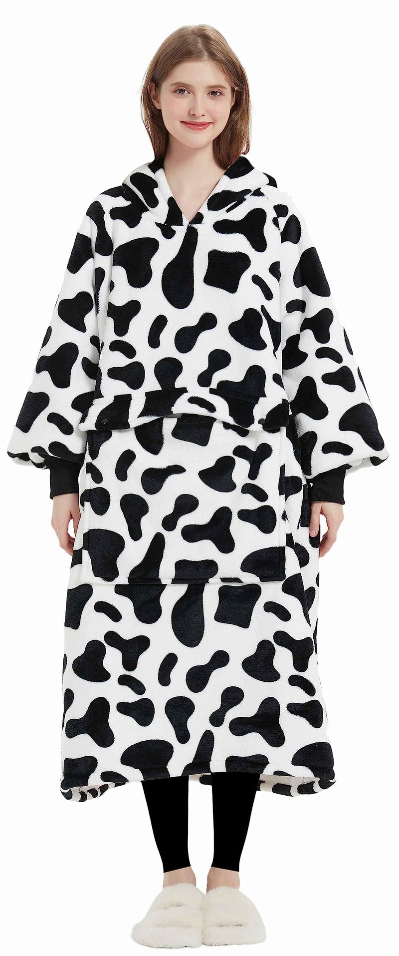 KFUBUO Wearable Blanket Hoodie for Adult Long Sherpa All Patterns Cow Oversized Hoodie Sweatshirt Blanket Cute Birthday Gifts for Women